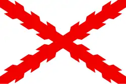 Drapeau de la Croix de Bourgogne, une croix rouge en X dentelée sur un fond blanc de format rectangulaire.