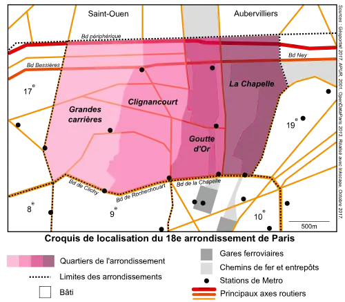 Croquis de localisation du quartier de La Chapelle, des quartiers voisins et des principales infrastructures de transport du 18e arrondissement de Paris.