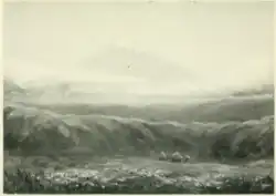 Croquis représentant un paysage avec en avant plan un campement, en second plan la savane et en arrière plan le mont Kenya.