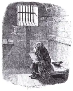 Fagin dans sa cellule, attendant d'être pendu, par George Cruikshank.