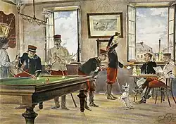 Peinture représentant une salle de réunion où des militaires jouent au billard, ou avec un chien ou lisent le journal.