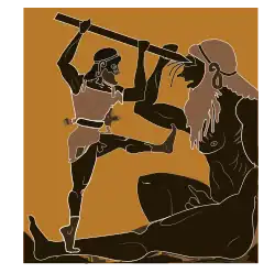 Peinture représentant Ulysse plantant un pieu dans l'œil du cyclope Polyphème.