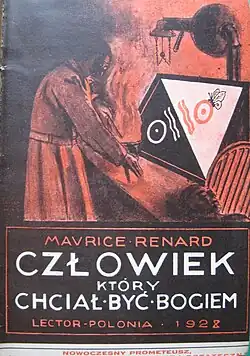 Couverture d'un roman titré « Człowiek, który chciał być Bogiem » sur laquelle est représenté un homme faisant des expériences sur un corps humain.