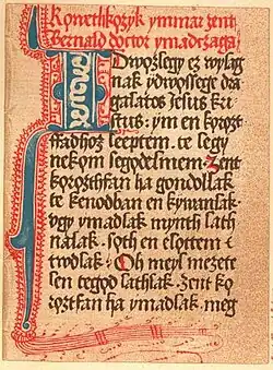 Page du Codex tchèque&nbsp;(hu) utilisant le o barre souscrite.