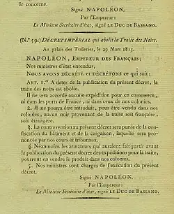 Description de l'image Décret impérial abolissant la traite des noirs (29 mars 1815).jpg.