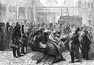 Gravure de presse montrant une foule dépeçant un cheval en pleine rue.