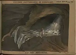 Aquarelle de la fée Mélusine représentée en sirène dans les cuves de Sassenage au bord de la cascade.