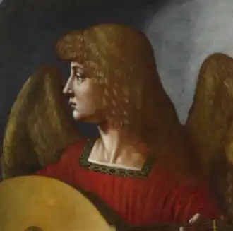 Peinture. Tête d'un personnage au visage de profil tourné vers la gauche.