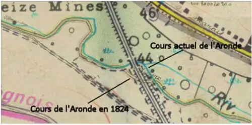 Détournement du cours de l'Aronde. Superposition du cadastre napoléonien de 1824 et de la carte IGN de 1995.