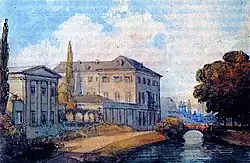 Goltsteinstraße vers 1840, à gauche le Friedrichsbad, derrière le palais du comte von der Groeben, tableau de Caspar Scheuren