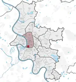 carte de Düsseldorf, montrant Carlstadt (en rouge) au sein du Quartier 1 (en rose)
