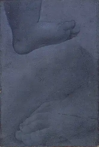 Dessins crayonnés noir et blanc représentant un pied gauche d'enfant et un pied droite adulte.