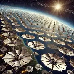 Illustration générée par IA présentant des millions de parasols ajustables de 1 km² en orbite et composés de Kapton recouvert d’un revêtement réfléchissant.