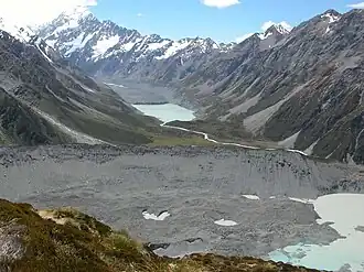 Le glacier Mueller (sous les gravats) et sa moraine (au premier plan), le glacier Hooker et son lac terminal (au second plan) et l'Aoraki/Mont Cook, en arrière-plan.