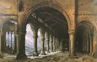 Effet de brouillard et de neige à travers une colonnade gothique en ruines, huile sur toile, 1826.