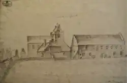 Esquisse réaliste d'une abbaye en pierre, éclairée doucement et entourée de champs.