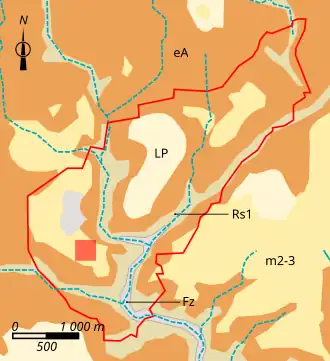 Vue d'une carte répartissant un territoire communal en grandes zones géologiques de couleurs différentes.