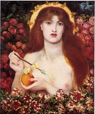 Peinture d'époque : femme nue rousse couronnée de papillons, tenant pomme et flèche, fond de roses, ambiance sereine et romantique.