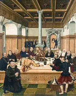 Version protestante de Lucas Cranach le Jeune, 1565, avec les principaux réformateurs représentés comme les apôtres, et l'électeur de Saxe agenouillé.