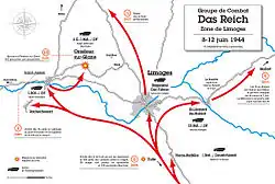 Carte en couleurs du déploiement de la 2e division SS « Das Reich » dans la zone de Limoges