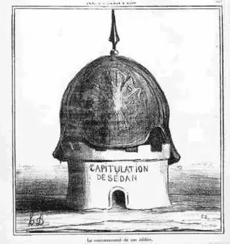 Caricature montrant un énorme casque à pointe surmontant une forteresse avec l'inscription Capitulation de Sedan.
