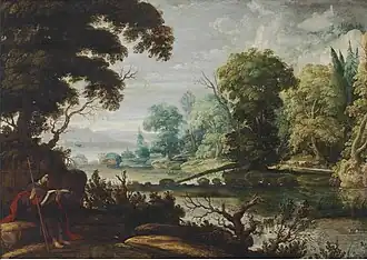 Saint Jacques le Majeur dans la forêt au bord d'une rivière (surement la Semoy), par David Teniers le Jeune, entre 1640 et 1672.