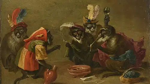 David Teniers le Jeune, Tabagie de singes, huile sur cuivre marqueté.