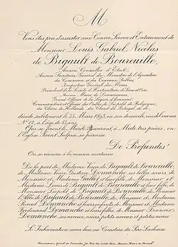 Faire-part de décès de Louis Gabriel de Bigault de Boureuille (25 mars 1893).