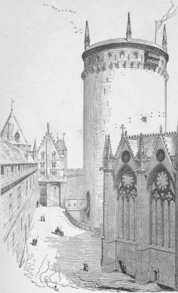 Vue restaurée de la cour et du donjon,gravure par Viollet-le-Duc.