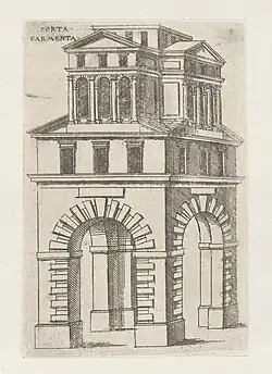 Dessin en noir et blanc d'un bâtiment ouvert à son rez-de-chaussée sur ses quatre côtés.