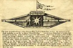 Projet de submersible d'attaque conçu par l'ingénieur français De Son pour les Hollandais (1653, Rotterdam).