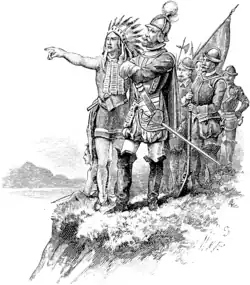 gravure représentant des soldats espagnols casqués à côté d'autochtones en coiffe à plumes, torse nu