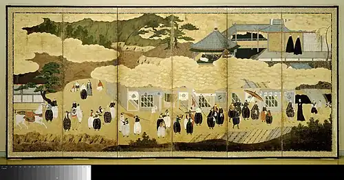 Panneau japonais représentant l'arrivée des Portugais. Début du XVIIe&nbsp;siècle.