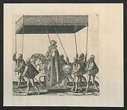 François à cheval pendant la joyeuse entrée en 1582 (Prentenkabinet de l'université d'Anvers).