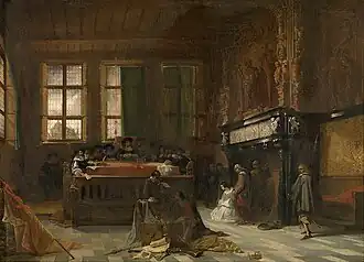 Vue de la salle et de la cheminée du Palais de Justice, à Bruges.