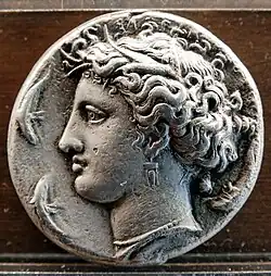 Tête d'Aréthuse, décadrachme de Syracuse, vers -400.