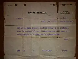 Photo d'un télégramme officiel de la Royal Navy.