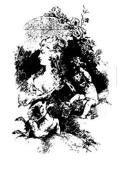 noir et blanc, esquisse peu précise, abondance baroque de décorations, deux chérubins aux pieds de la dame, profil droit