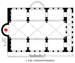 Plan de la basilique de Maxence et Constantin : l'abside ouest, qui abritait la statue acrolithe, est à gauche.