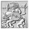 Plaque d'un casque de l'Âge de Vendel qui pourrait représenter Odin accompagné de ses deux corbeaux Hugin et Munin.