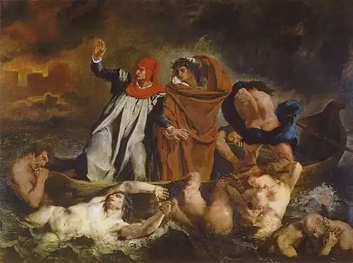 Dante et Virgile en Enfer, aussi connu comme La Barque de Dante, huile sur toile, 189&nbsp;×&nbsp;241&nbsp;cm, musée du Louvre (1822).