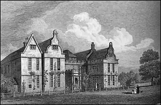 Gravure. Hauts bâtiments sévères et imposants