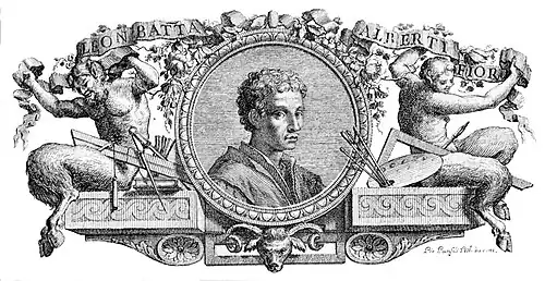 Dessin noir et blanc. Portrait d'un homme dont le profil apparaît dans un médaillon central entouré de deux créatures mi-homme mi-bouc assises.