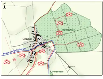 Colour map image depicting town and wood to the right of the town. Shows main access routes and positions of Allied and German forces on 14 July 1916