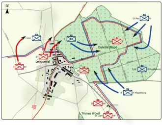 Colour map image depicting town and wood to the right of the town. Shows main access routes and positions of Allied and German forces on 17 July 1916
