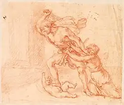 Dessin d'un homme branissant une épée sur un enfant et retenu par une femme.