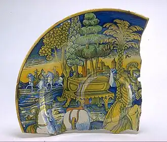 Fragment d'un plat décoré à l'aquarelle, Deruta, Giacomo Mancini dit El Frate, daté de 1545.