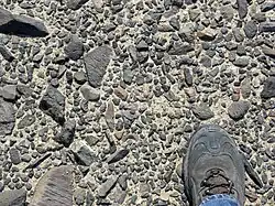 La surface d'un reg dans le désert des Mojaves, aux États-Unis, un cas d'érosion différentielle par déflation d'un matériau non consolidé.