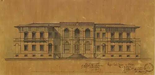 Projet d’École française à Athènes : dessin de la façade par Eugène Piat (1872)