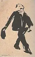 Dessin noir sur fond sepia représentant un homme qui marche le chapeau à la main et levant légèrement la tête
